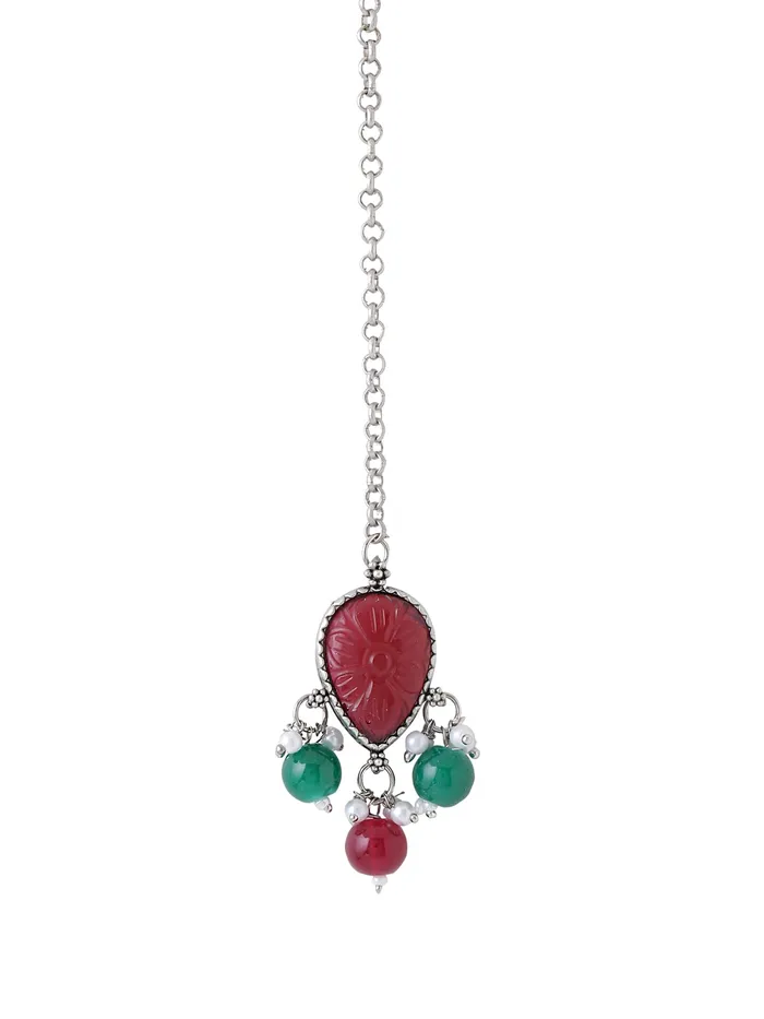 Yellow Chimes Earrings Yellow Chimes Maangtikka for Women Silver Oxidised Red Stone Studded Floral Designed Beads Drop Designed Maanngtikka for Women and Girls