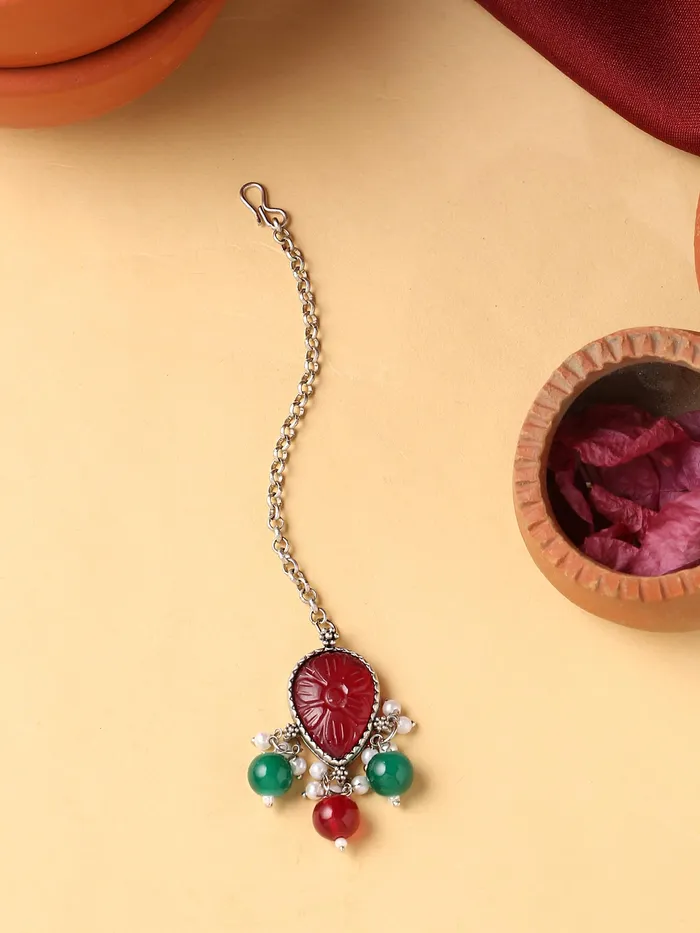 Yellow Chimes Earrings Yellow Chimes Maangtikka for Women Silver Oxidised Red Stone Studded Floral Designed Beads Drop Designed Maanngtikka for Women and Girls