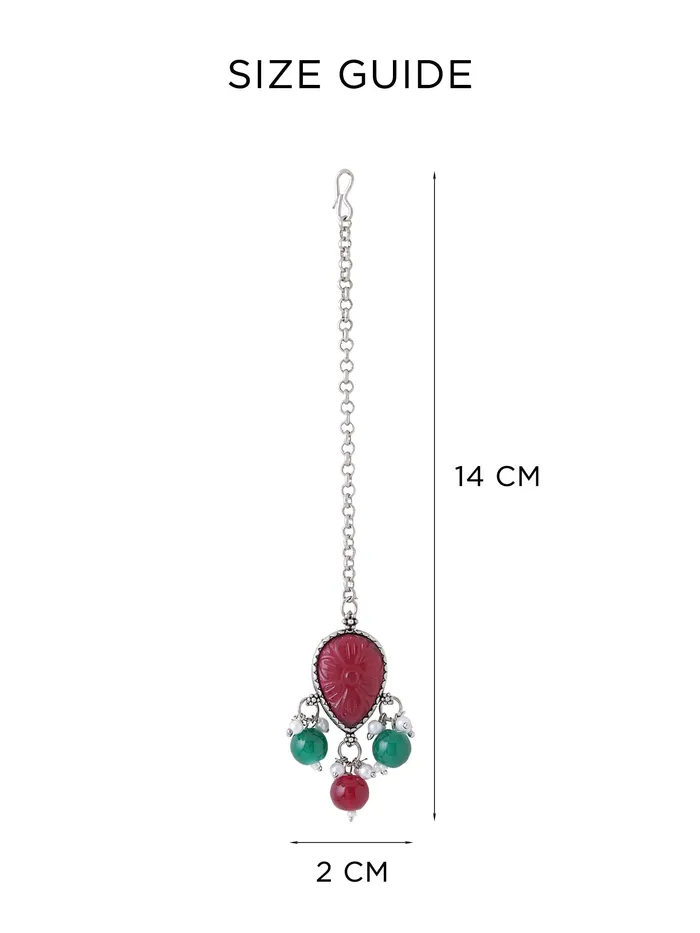 Yellow Chimes Earrings Yellow Chimes Maangtikka for Women Silver Oxidised Red Stone Studded Floral Designed Beads Drop Designed Maanngtikka for Women and Girls