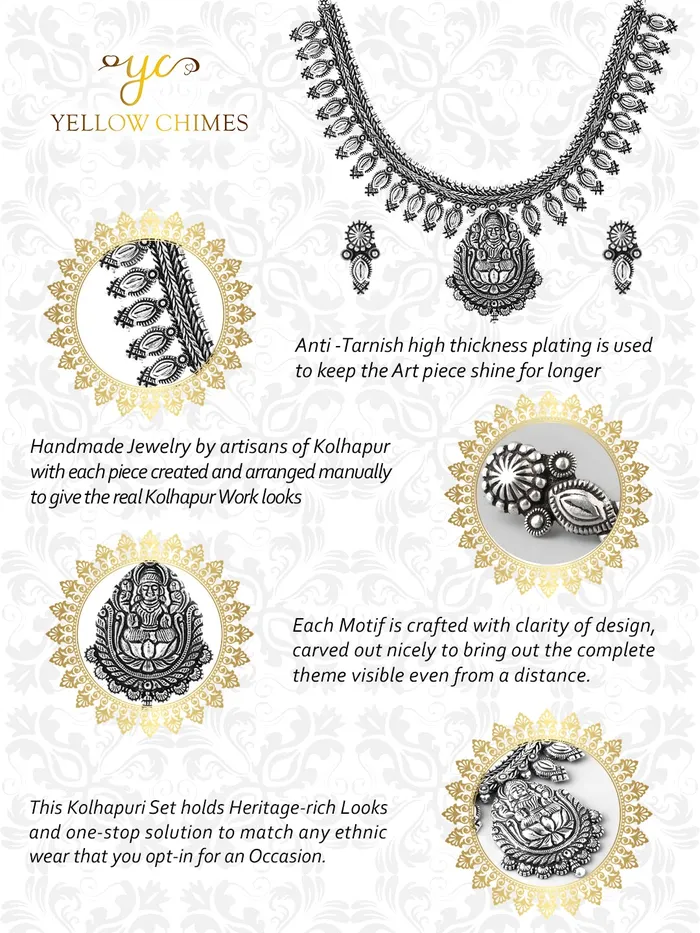 Yellow Chimes Earrings Yellow Chimes Oxidised Jewellery Set for Women Authentic Kolhapuri Work Handmade Silver Traditional Choker Necklace Sets for Women and Girls