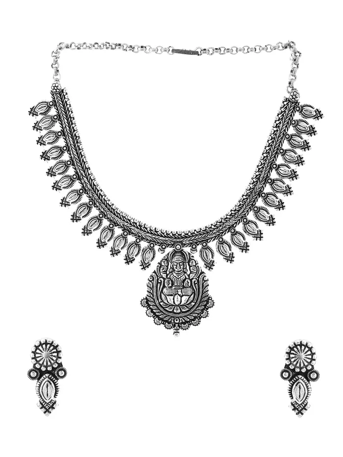 Yellow Chimes Earrings Yellow Chimes Oxidised Jewellery Set for Women Authentic Kolhapuri Work Handmade Silver Traditional Choker Necklace Sets for Women and Girls