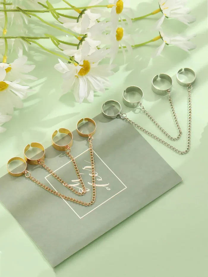 Yellow Chimes Earrings Yellow Chimes Rings for Women and Girls Adjustable Chain Finger Rings 2 Pieces Silver Punk Chain Finger Rings Four Fingers Open Ring Birthday Gift For Girls and Women