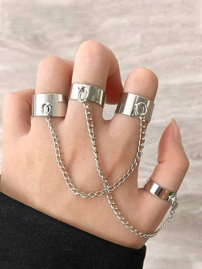 Yellow Chimes Earrings Yellow Chimes Rings for Women and Girls Adjustable Chain Finger Rings 2 Pieces Silver Punk Chain Finger Rings Four Fingers Open Ring Birthday Gift For Girls and Women