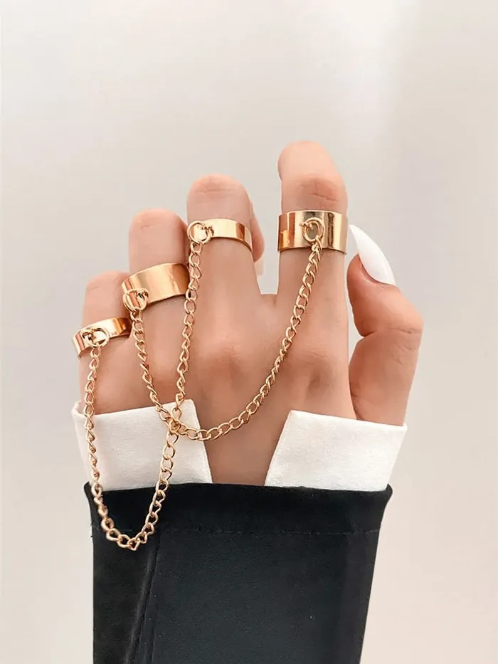 Yellow Chimes Earrings Yellow Chimes Rings for Women and Girls Adjustable Chain Finger Rings 2 Pieces Silver Punk Chain Finger Rings Four Fingers Open Ring Birthday Gift For Girls and Women