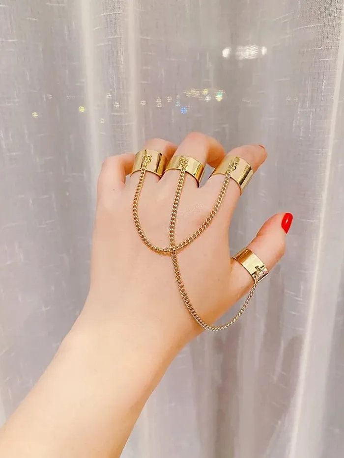 Yellow Chimes Earrings Yellow Chimes Rings for Women and Girls Adjustable Chain Finger Rings 2 Pieces Silver Punk Chain Finger Rings Four Fingers Open Ring Birthday Gift For Girls and Women