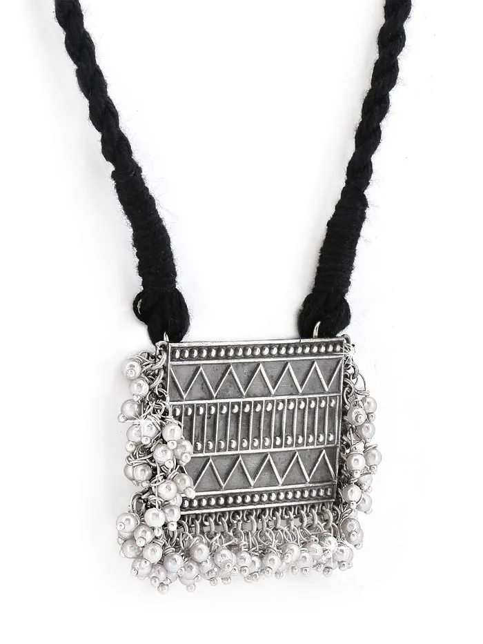 Yellow Chimes Earrings Yellow Chimes Silver Look Alike Plated Oxidized Jewellery Set Block Print Dori Thread Antique Necklace Set for Women And Girls