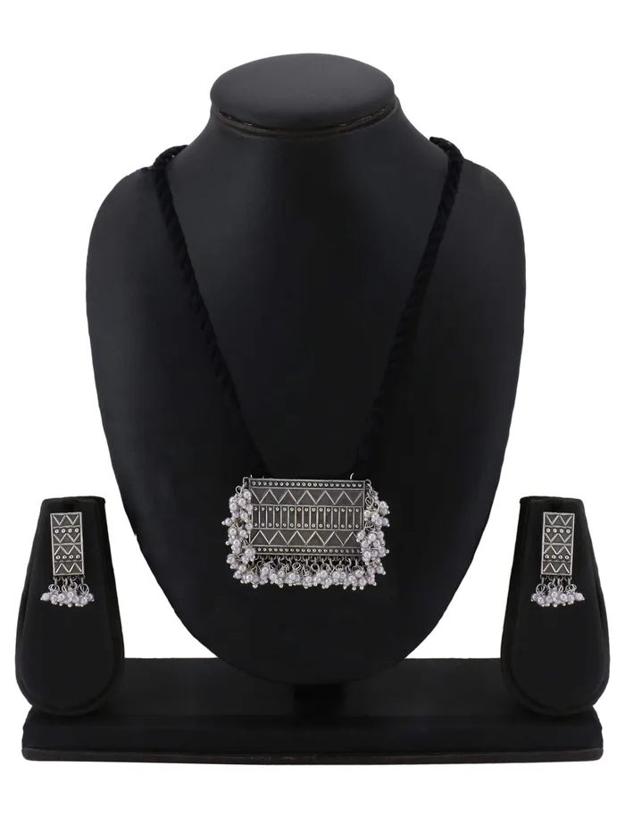 Yellow Chimes Earrings Yellow Chimes Silver Look Alike Plated Oxidized Jewellery Set Block Print Dori Thread Antique Necklace Set for Women And Girls