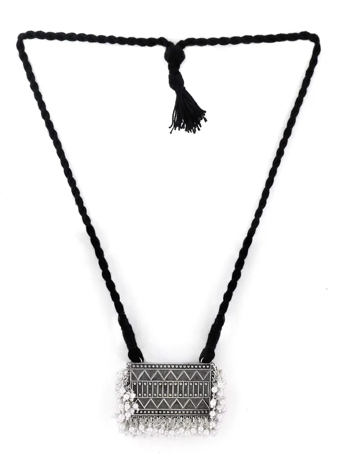 Yellow Chimes Earrings Yellow Chimes Silver Look Alike Plated Oxidized Jewellery Set Block Print Dori Thread Antique Necklace Set for Women And Girls