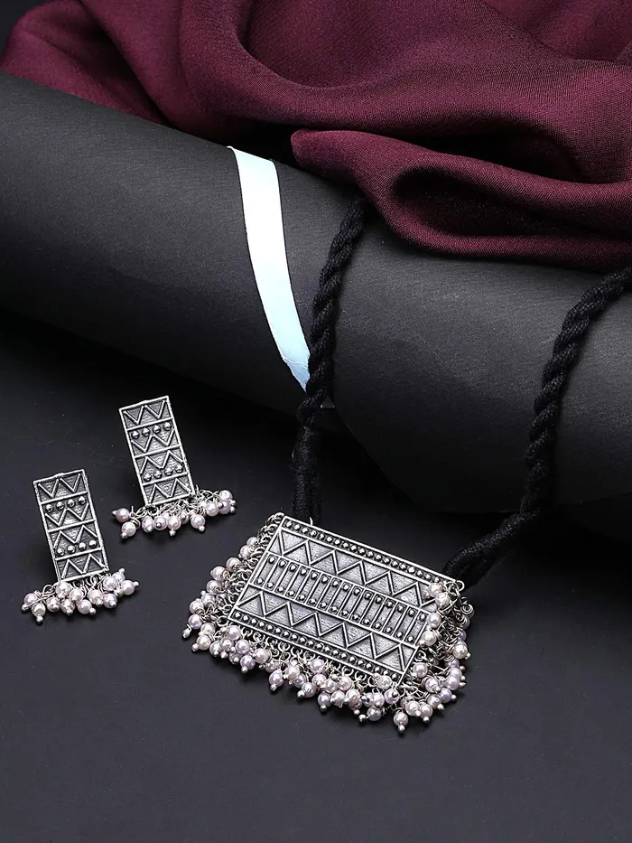 Yellow Chimes Earrings Yellow Chimes Silver Look Alike Plated Oxidized Jewellery Set Block Print Dori Thread Antique Necklace Set for Women And Girls