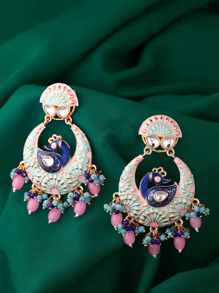 Yellow Chimes Earrings Yellow Chimes Traditional Gold Toned Peacock Design Pearl Meenakari Chandbali Earrings for Women and Girls Blue Pink Medium YCTJER91MNKPCKBLPK