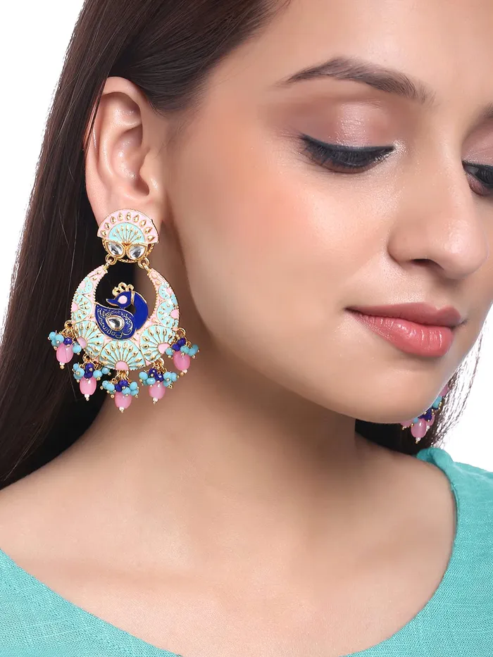 Yellow Chimes Earrings Yellow Chimes Traditional Gold Toned Peacock Design Pearl Meenakari Chandbali Earrings for Women and Girls Blue Pink Medium YCTJER91MNKPCKBLPK