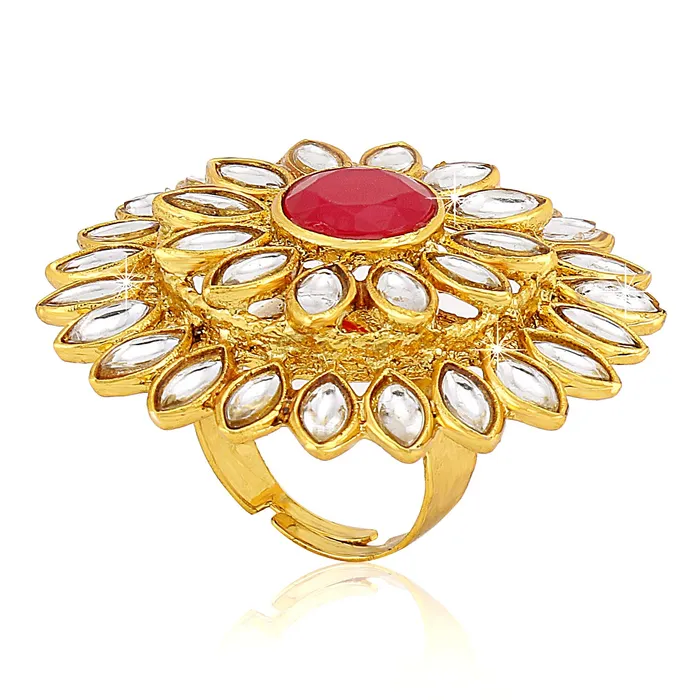 Yellow Chimes Earrings Yellow Chimes Womens Traditional Red Cocktail Adjustable Stone Gold Plated Kundan Studded Cocktail Finger Ring