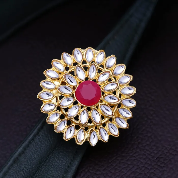 Yellow Chimes Earrings Yellow Chimes Womens Traditional Red Cocktail Adjustable Stone Gold Plated Kundan Studded Cocktail Finger Ring