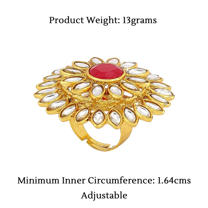 Yellow Chimes Earrings Yellow Chimes Womens Traditional Red Cocktail Adjustable Stone Gold Plated Kundan Studded Cocktail Finger Ring