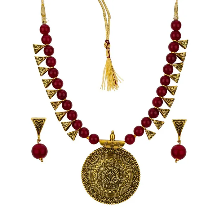 Yellow Chimes Exclusive Antique German Oxidized Gold Read Beads Contemporary Necklace Set With Drop Earrings For Women Yellow Chimes Necklaces Yellow Chimes Exclusive Antique German Oxidized Gold Read Beads Contemporary Necklace Set With Drop Earrings For Women Yellow Chimes Necklaces