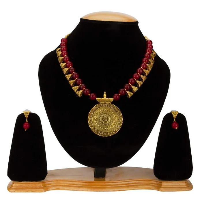 Yellow Chimes Exclusive Antique German Oxidized Gold Read Beads Contemporary Necklace Set With Drop Earrings For Women Yellow Chimes Necklaces