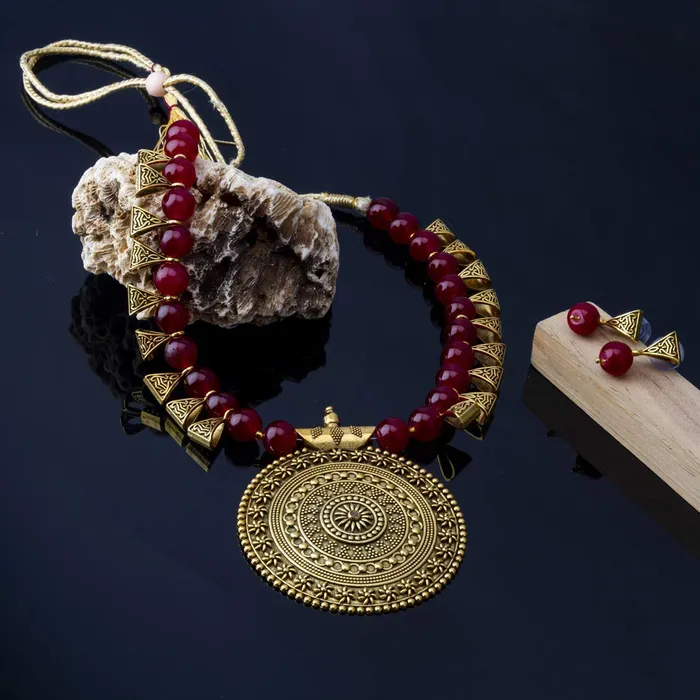 Yellow Chimes Exclusive Antique German Oxidized Gold Read Beads Contemporary Necklace Set With Drop Earrings For Women Yellow Chimes Necklaces