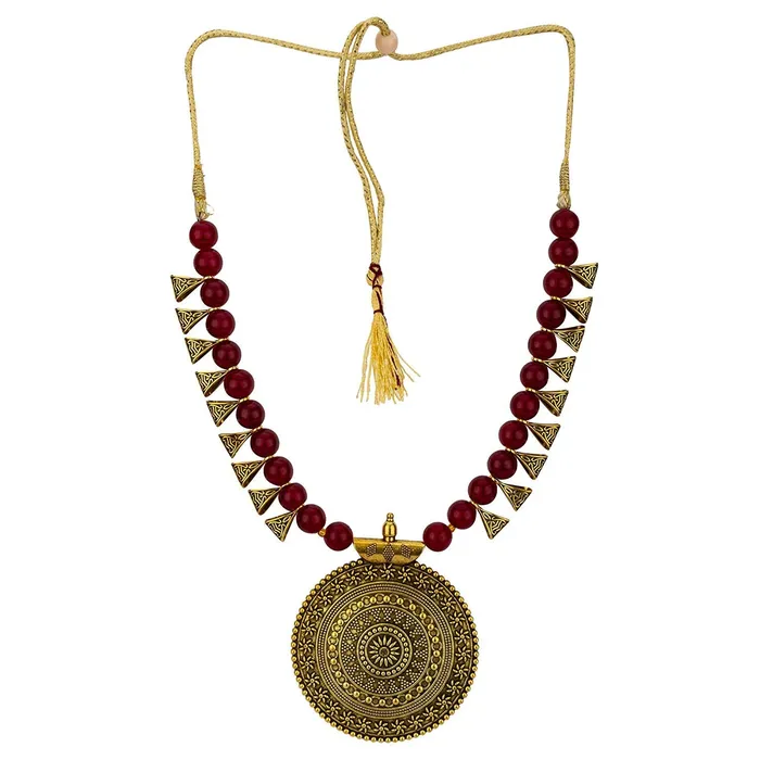 Yellow Chimes Exclusive Antique German Oxidized Gold Read Beads Contemporary Necklace Set With Drop Earrings For Women Yellow Chimes Necklaces