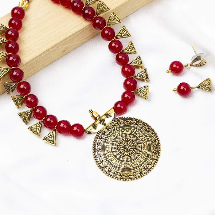 Yellow Chimes Exclusive Antique German Oxidized Gold Read Beads Contemporary Necklace Set With Drop Earrings For Women Yellow Chimes Necklaces