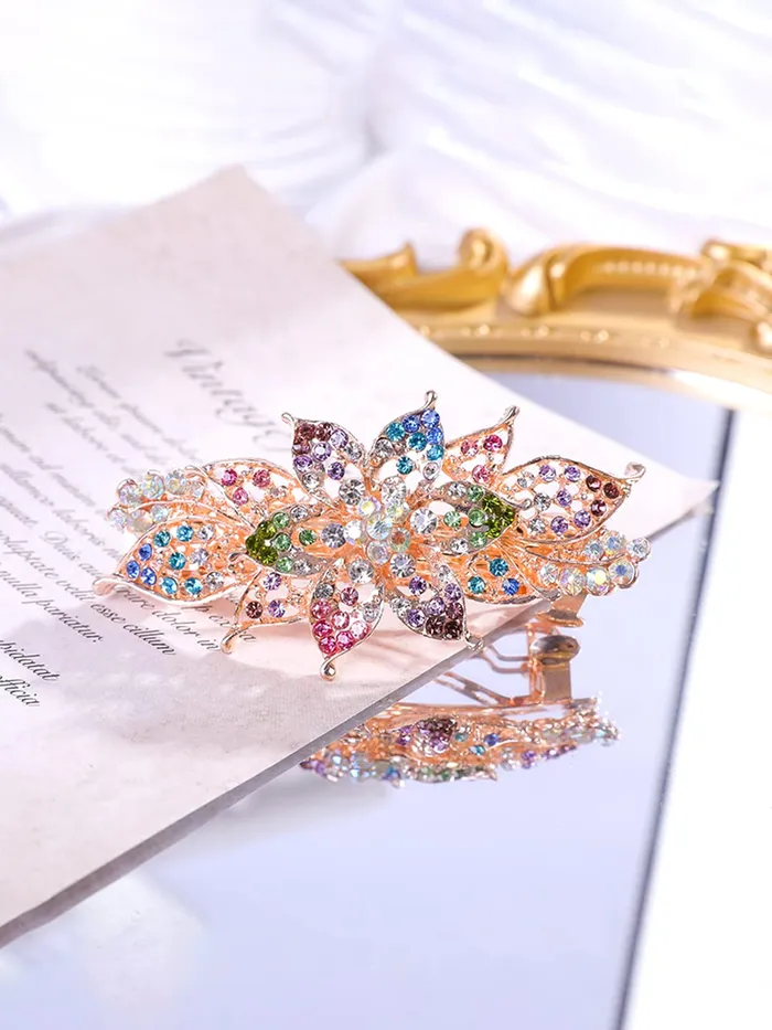 Yellow Chimes Hair Clips for Girls and Women Gold Plated Floral Designed Multicolor Stone Studded French Baratte Hair Clip for Women and Girls Yellow Chimes Necklaces