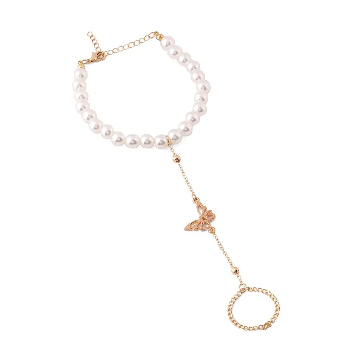 Yellow Chimes Hand Chain For Women Gold Plated Pearl Butterfly Charm Hand Chain Ring For Women and Girls Yellow Chimes Rings
