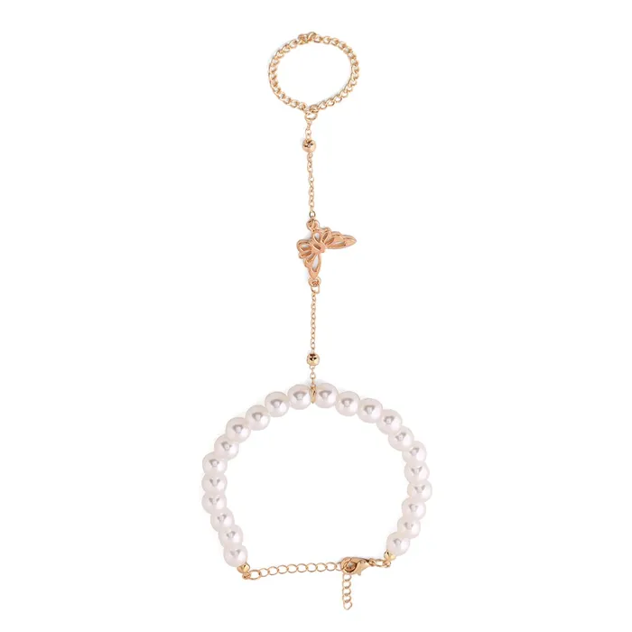 Yellow Chimes Hand Chain For Women Gold Plated Pearl Butterfly Charm Hand Chain Ring For Women and Girls Yellow Chimes Rings