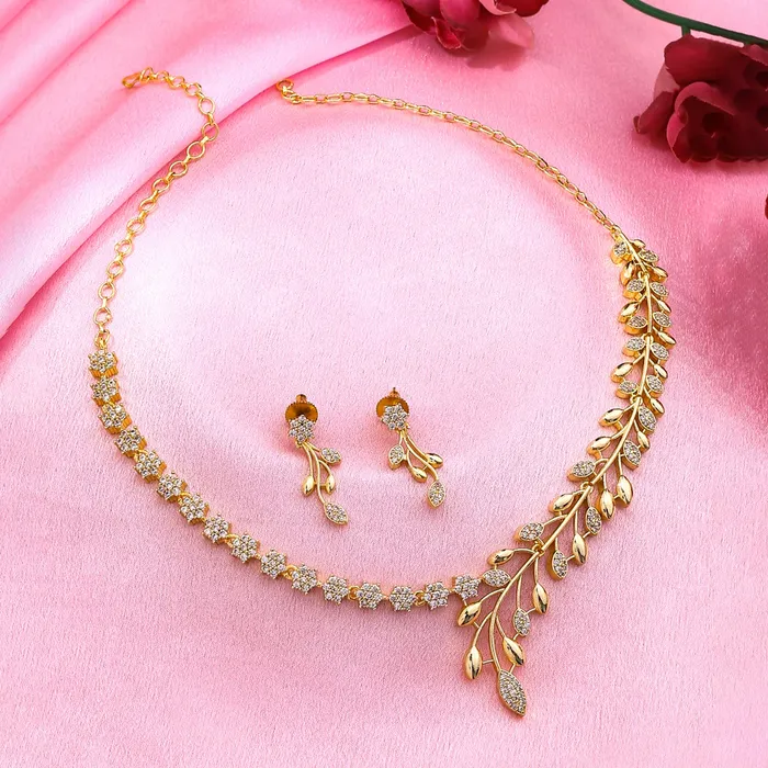Yellow Chimes Jewellery Set for Women and Girls American Diamond Jewellery Set Gold Tone Leaf Designed White AD Necklace Set Birthday Gift for girls and women Anniversary Gift for Wife Yellow Chimes Necklaces