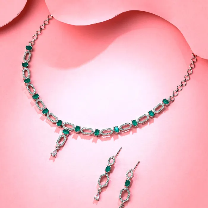 Yellow Chimes Jewellery Set for Women and Girls American Diamond Jewellery Set Silver Tone Green AD Necklace Set Birthday Gift for girls and women Anniversary Gift for Wife Yellow Chimes Bracelets