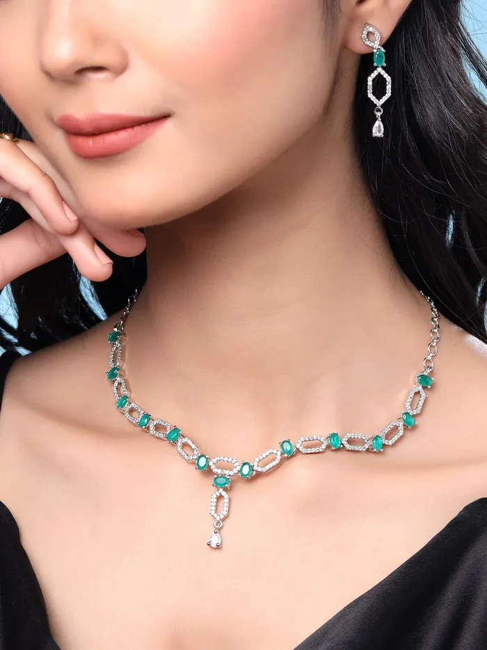 Yellow Chimes Jewellery Set for Women and Girls American Diamond Jewellery Set Silver Tone Green AD Necklace Set Birthday Gift for girls and women Anniversary Gift for Wife Yellow Chimes Bracelets