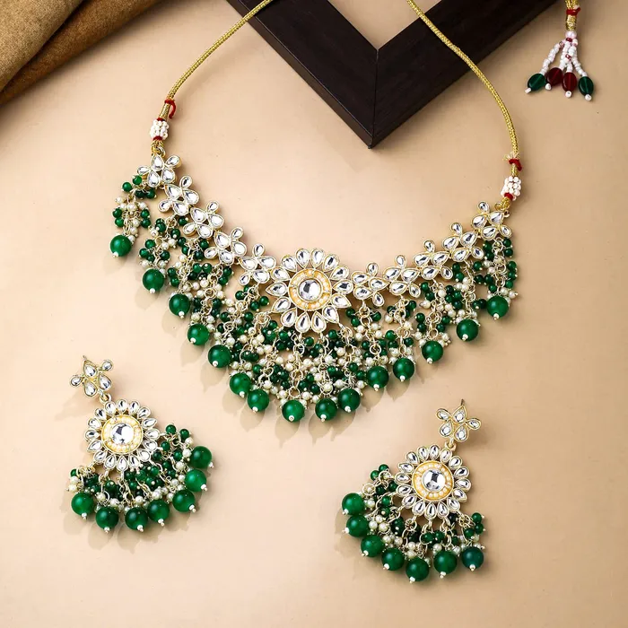 Yellow Chimes Jewellery Set for Women and Girls Kundan Necklace Set Gold Plated Kundan Studded Beads Drop Choker Necklace Set Birthday Gift for girls and women Anniversary Gift for Wife Yellow Chimes Necklaces