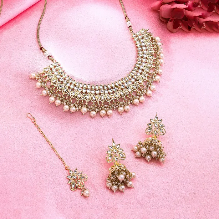 Yellow Chimes Jewellery Set for Women and Girls Kundan Necklace Set Gold Plated Kundan Studded White Beads Drop Necklace Set Birthday Gift for girls and women Anniversary Gift for Wife Yellow Chimes Necklaces