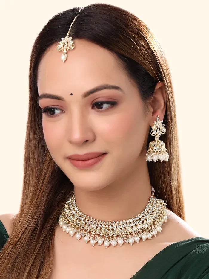 Yellow Chimes Jewellery Set for Women and Girls Kundan Necklace Set Gold Plated Kundan Studded White Beads Drop Necklace Set Birthday Gift for girls and women Anniversary Gift for Wife Yellow Chimes Necklaces