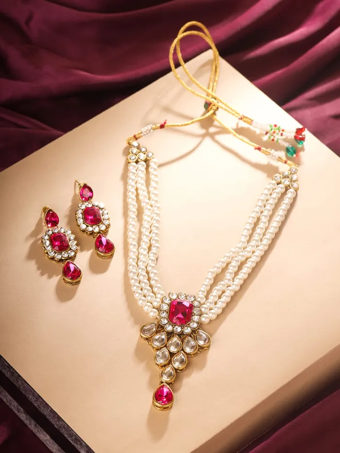 Yellow Chimes Jewellery Set for Women and Girls White Beads Necklace Set for Women Gold Tone Red Crystal Choker Necklace Set Birthday Gift for girls women Anniversary Gift for Wife Yellow Chimes Necklaces