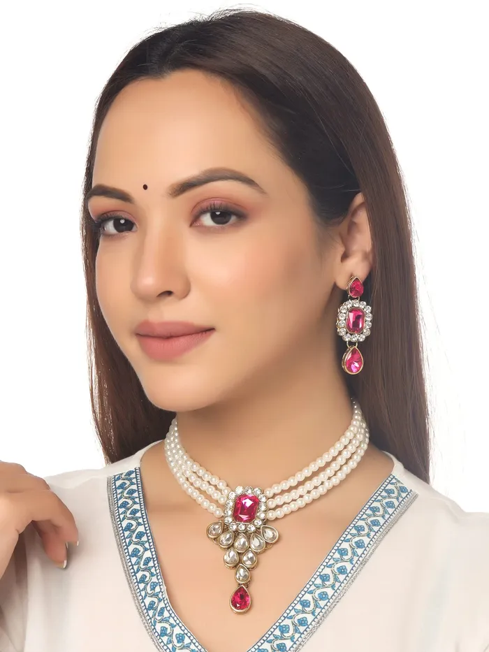 Yellow Chimes Jewellery Set for Women and Girls White Beads Necklace Set for Women Gold Tone Red Crystal Choker Necklace Set Birthday Gift for girls women Anniversary Gift for Wife Yellow Chimes Necklaces