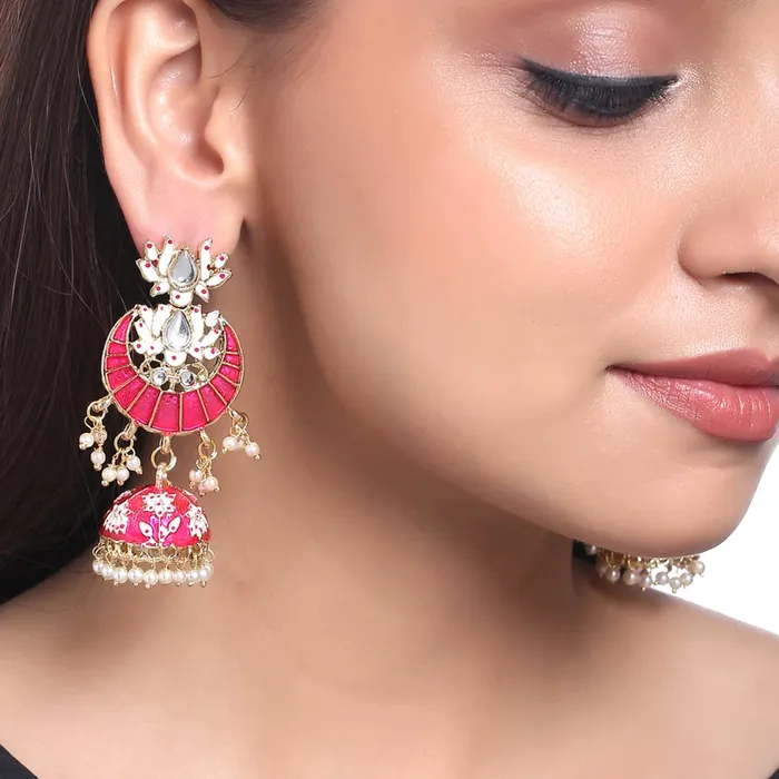 Yellow Chimes Jhumka Earrings for Women Gold Plated Traditional Pink Meenakari Lotus Chandbali Jhumka Earrings for Women and Girls Yellow Chimes Rings