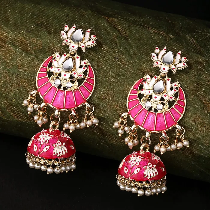 Yellow Chimes Jhumka Earrings for Women Gold Plated Traditional Pink Meenakari Lotus Chandbali Jhumka Earrings for Women and Girls Yellow Chimes Rings