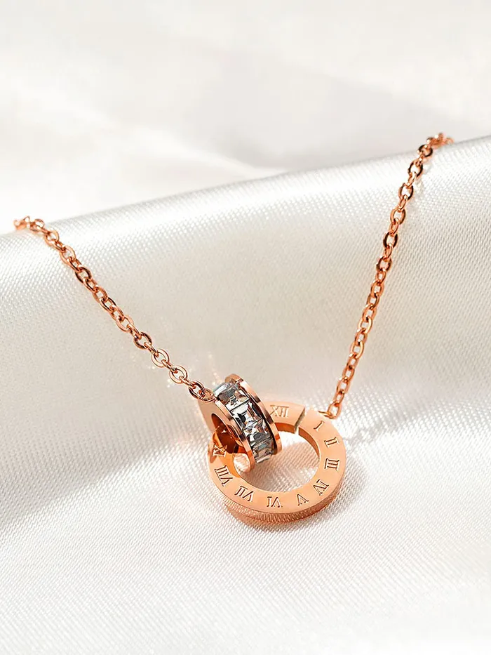 Yellow Chimes Latest Fashion Stainless Steel 18K Rose Gold Plated Roman numericals Engraved Statement Style Pendant Set with Earrings for Women and Girls Yellow Chimes Necklaces