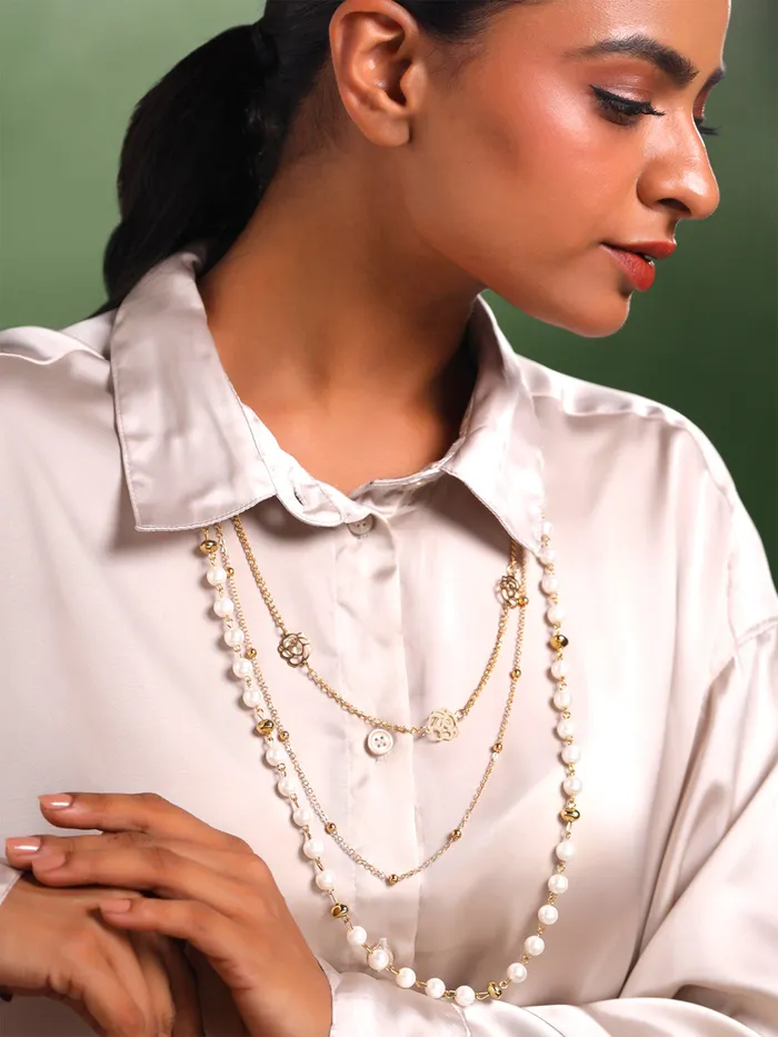Yellow Chimes Long Chain Necklace for Women Pearl Necklace for Girls Multilayer GoldPlated Floral Chain Necklace for Women and Girls Yellow Chimes Earrings