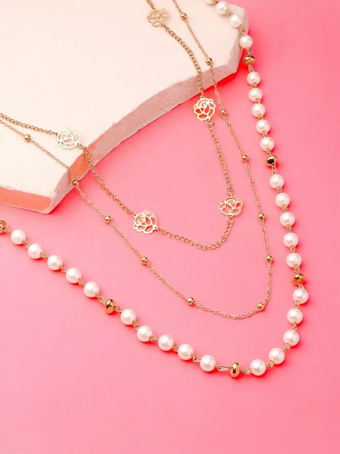 Yellow Chimes Long Chain Necklace for Women Pearl Necklace for Girls Multilayer GoldPlated Floral Chain Necklace for Women and Girls Yellow Chimes Earrings
