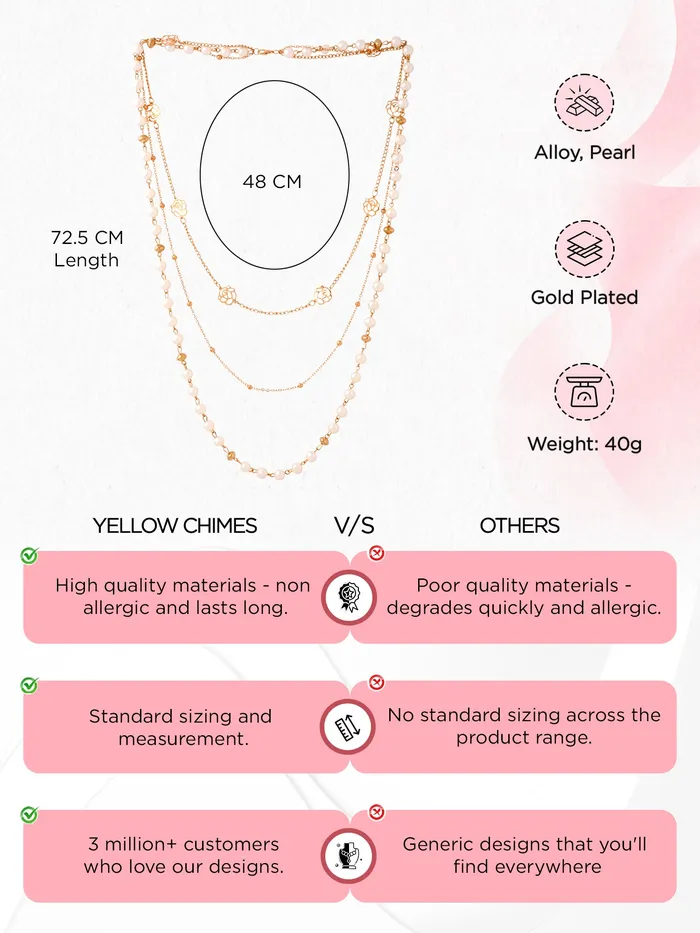 Yellow Chimes Long Chain Necklace for Women Pearl Necklace for Girls Multilayer GoldPlated Floral Chain Necklace for Women and Girls Yellow Chimes Earrings