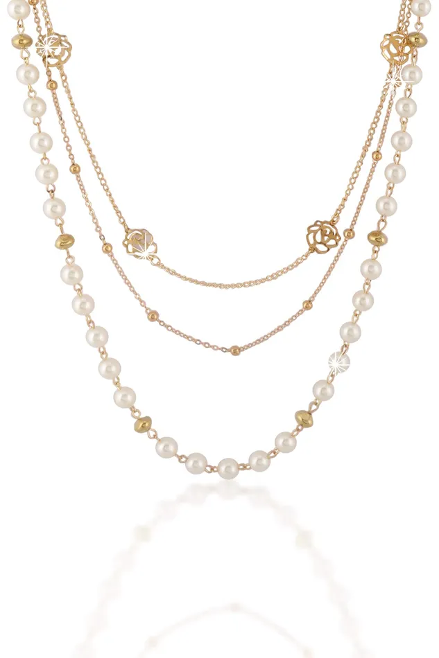Yellow Chimes Long Chain Necklace for Women Pearl Necklace for Girls Multilayer GoldPlated Floral Chain Necklace for Women and Girls Yellow Chimes Earrings