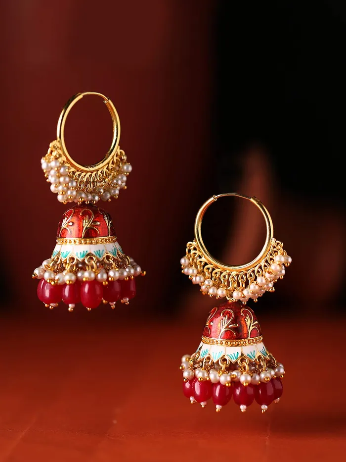 Yellow Chimes Meenakari Jhumka Earrings Handcrafted Gold toned Traditional Red Jhumka Hoop Earrings for Women and Girls RedGold Yellow Chimes Earrings