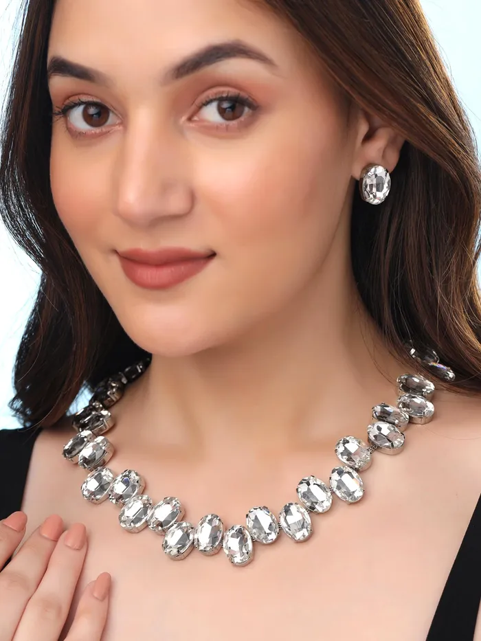 Yellow Chimes Necklace Set for Women Silver Stone Necklace Set A5 Crystal Jewellery Set for Women Rhodium Plated Necklace Set Birthday Gift for Girls Women Anniversary Gift for Wife Yellow Chimes Necklaces