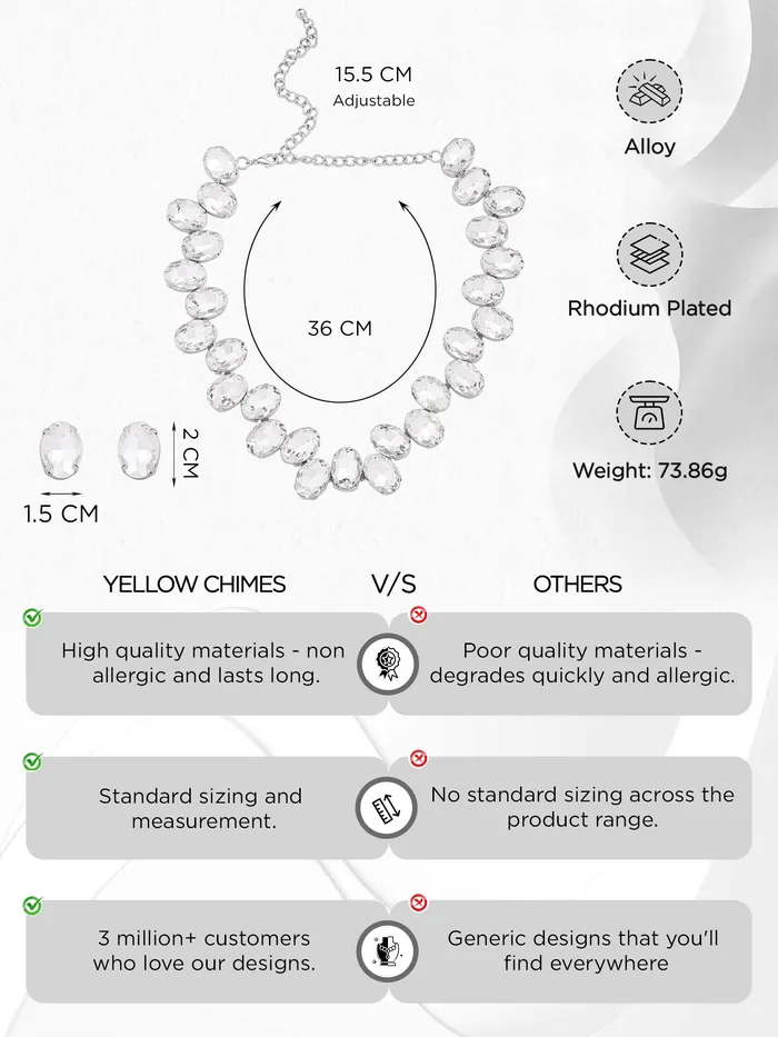 Yellow Chimes Necklace Set for Women Silver Stone Necklace Set A5 Crystal Jewellery Set for Women Rhodium Plated Necklace Set Birthday Gift for Girls Women Anniversary Gift for Wife Yellow Chimes Necklaces