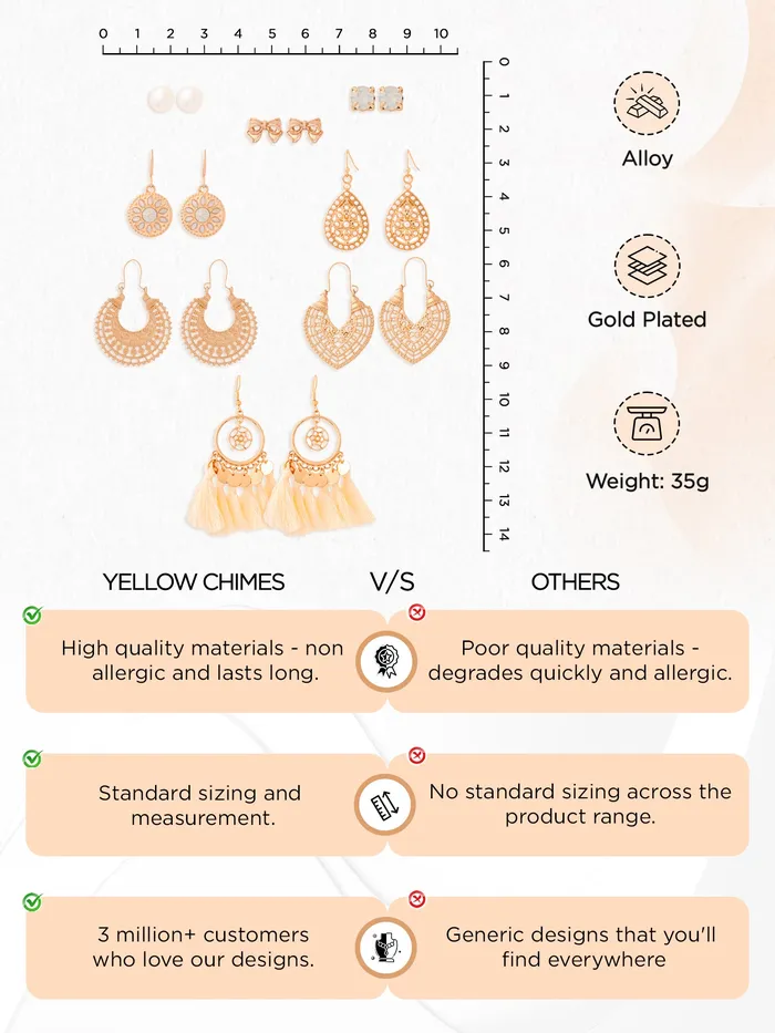 Yellow Chimes Necklaces Combo Fashion Golden Women Earrings Set with 8 Pairs Gold Plated Perfect Gift for Girls