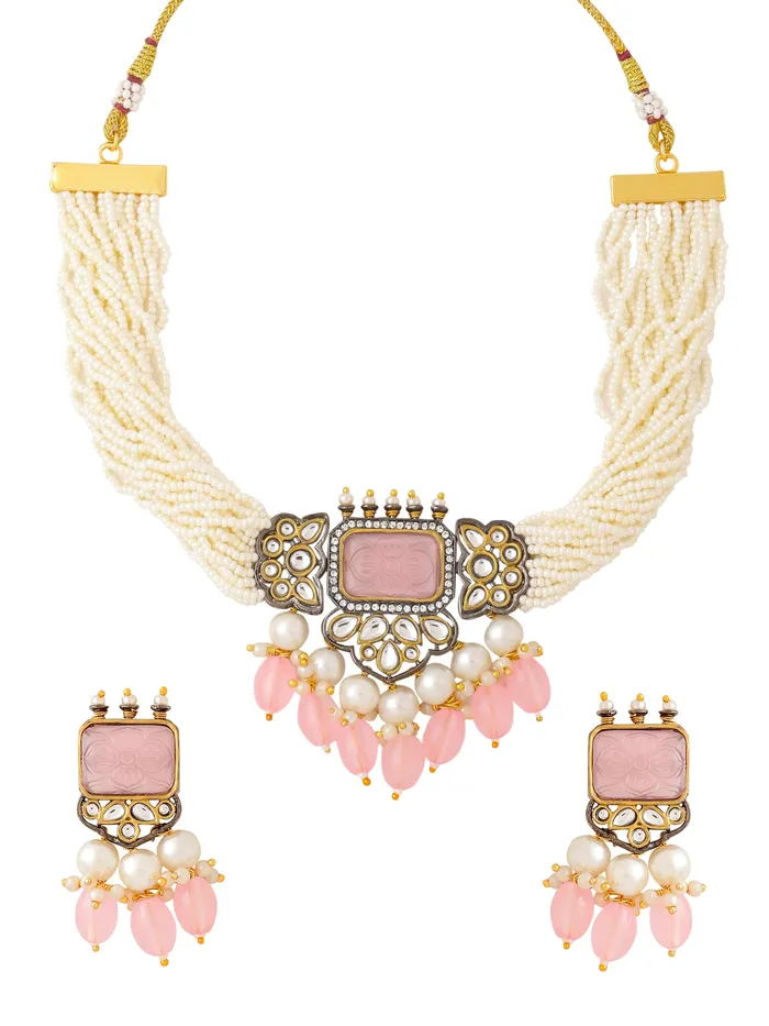 Yellow Chimes Necklaces Traditional Pearl Jewellery Set Semiprecious Stone Choker Adjustable WhitePink Yellow Chimes Necklaces Traditional Pearl Jewellery Set Semiprecious Stone Choker Adjustable WhitePink