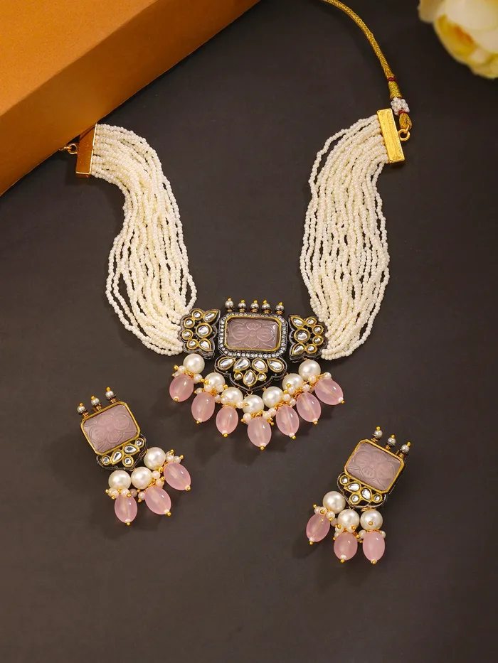 Yellow Chimes Necklaces Traditional Pearl Jewellery Set Semiprecious Stone Choker Adjustable WhitePink