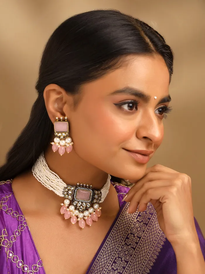 Yellow Chimes Necklaces Traditional Pearl Jewellery Set Semiprecious Stone Choker Adjustable WhitePink