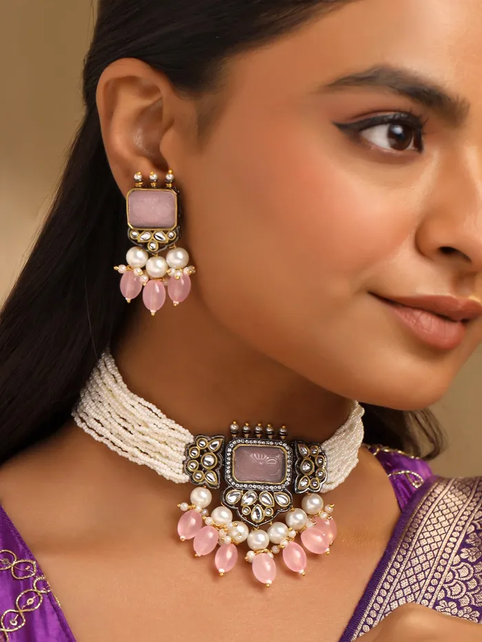 Yellow Chimes Necklaces Traditional Pearl Jewellery Set Semiprecious Stone Choker Adjustable WhitePink