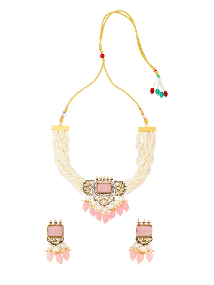 Yellow Chimes Necklaces Traditional Pearl Jewellery Set Semiprecious Stone Choker Adjustable WhitePink